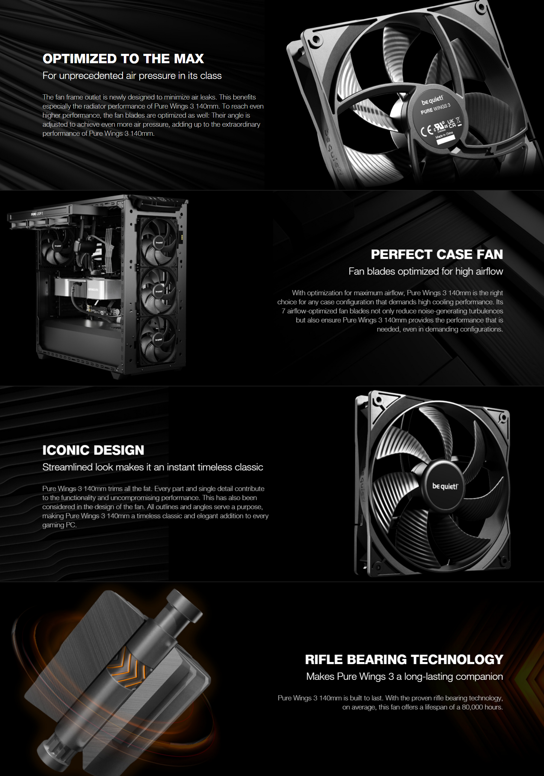 A large marketing image providing additional information about the product be quiet! PURE WINGS 3 140mm Fan - Black - Additional alt info not provided